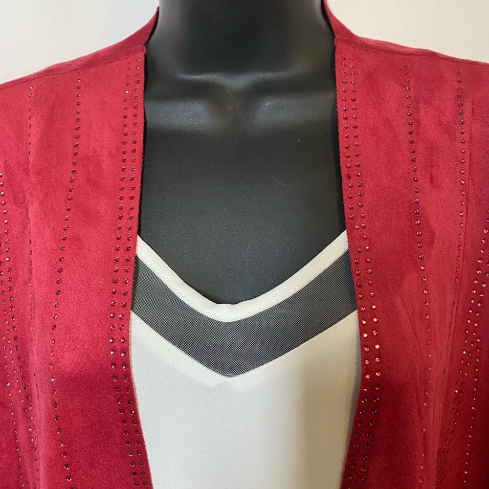 Vocal Open Front Lightweight Red Faux Suede Jacket with matching red bling - Picture 5 of 13